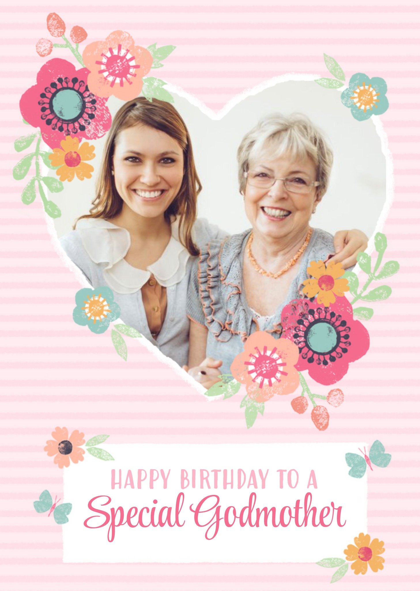 Moonpig Striped And Flower Design Happy Birthday Godmother Photo Card, Large