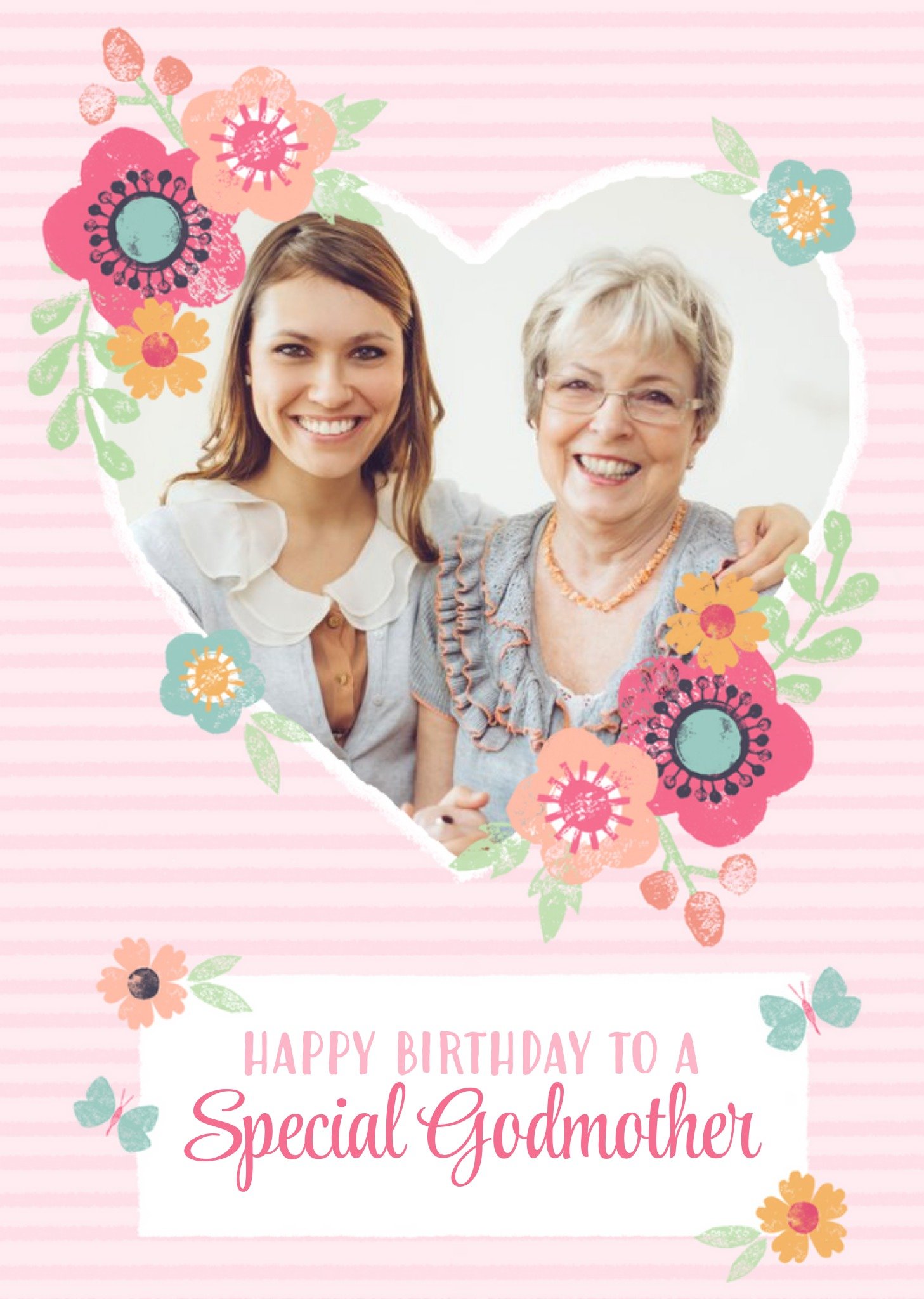 Striped And Flower Design Happy Birthday Godmother Photo Card Ecard