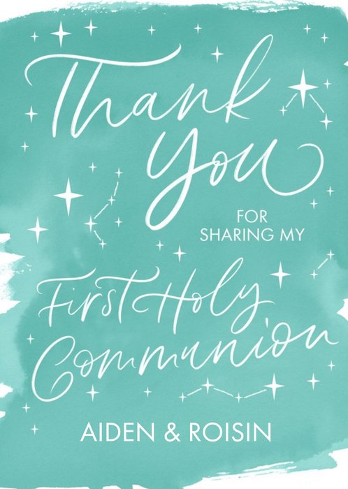 Green Watercolour Typographic First Communion Thank You Card