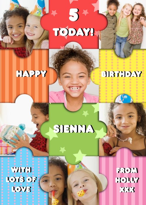 Rainbow Puzzle Personalised Photo Upload Happy 5th Birthday Card