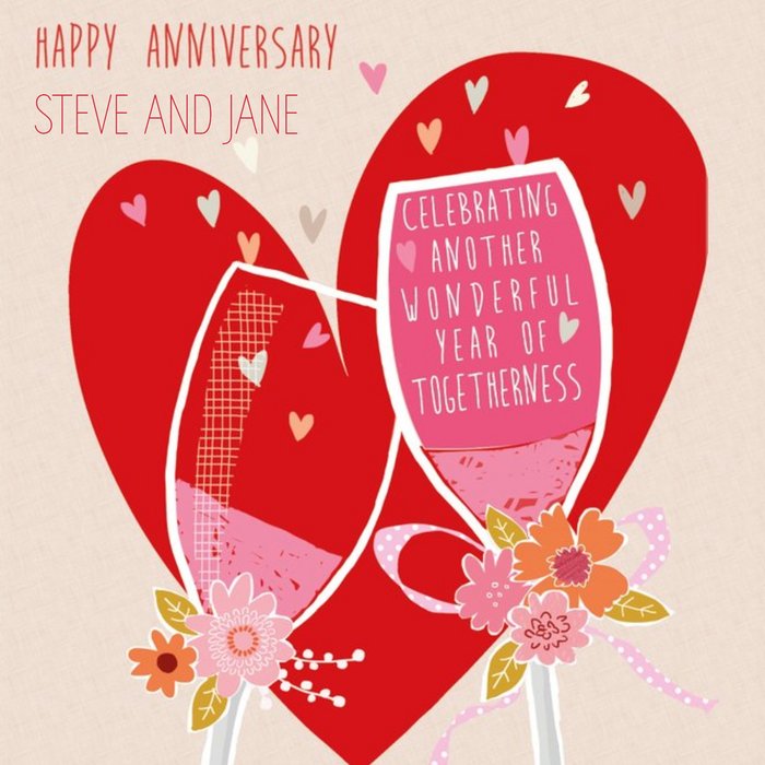 Big Bright Red Heart And Champagne Toast Happy Anniversary Card