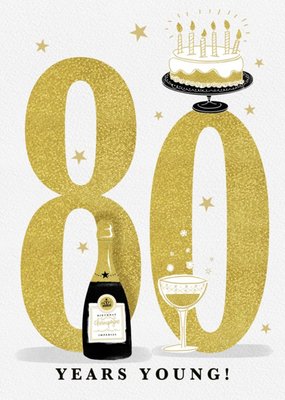 Large Golden Number With Illustrations Of Cake And Wine Eightieth Birthday Card