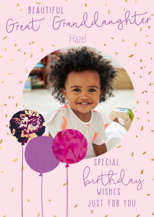 Circular Photo Frame With Balloons And Confetti Great Granddaughter's Photo Upload Birthday Card