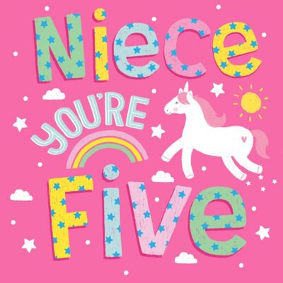 Cute Illustration Unicorn Niece You're Five Birthday Card