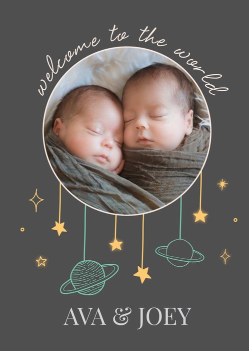 Circular Photo Frame With Stars And Planets On A Grey Background New Baby Photo Upload Card