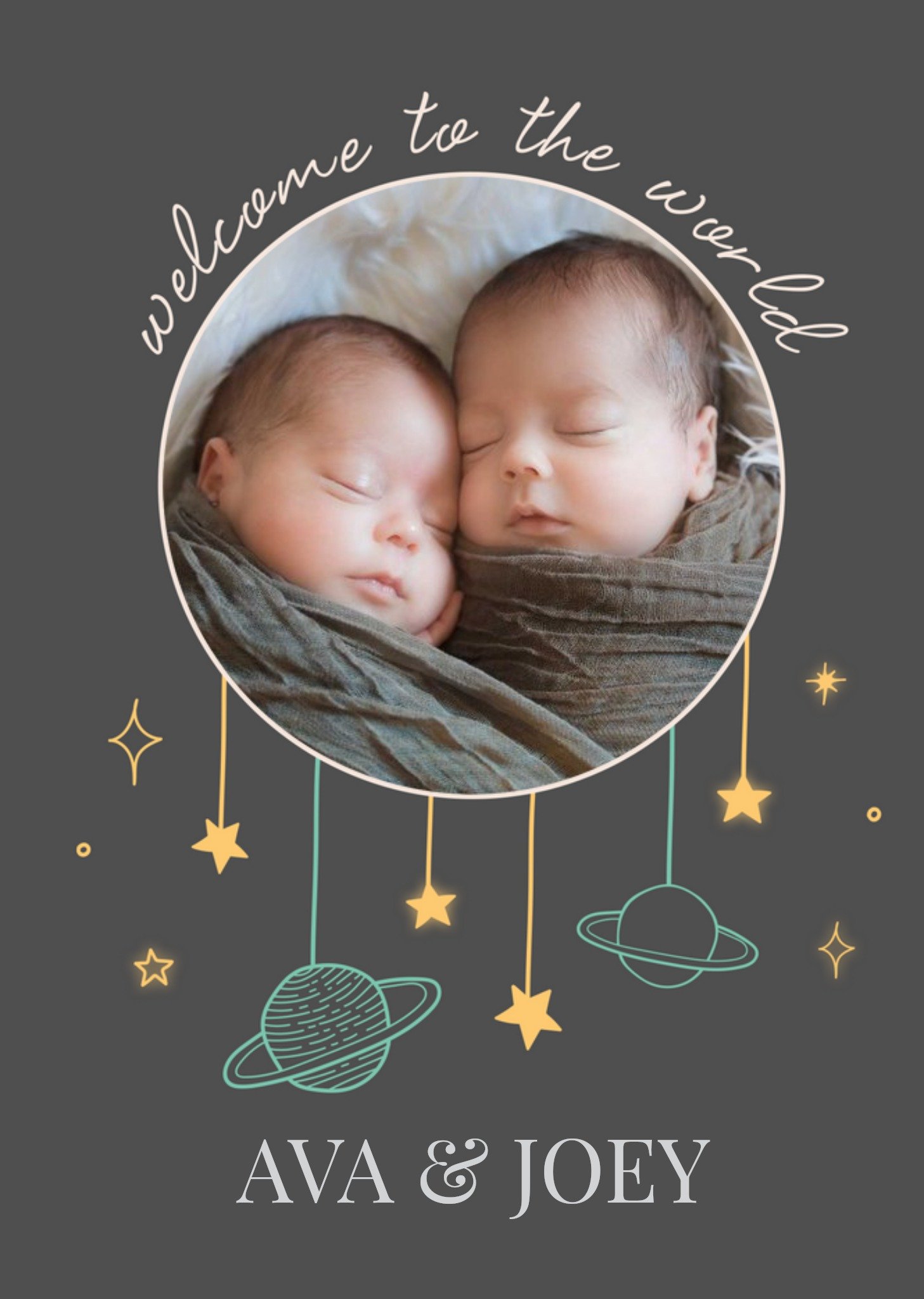 Circular Photo Frame With Stars And Planets On A Grey Background New Baby Photo Upload Card Ecard