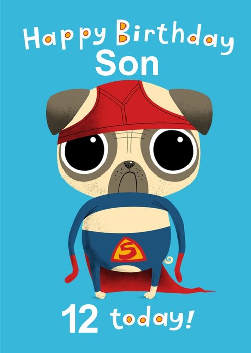 Dog Wearing Superhero Outfit Personalise Age Son Birthday Card