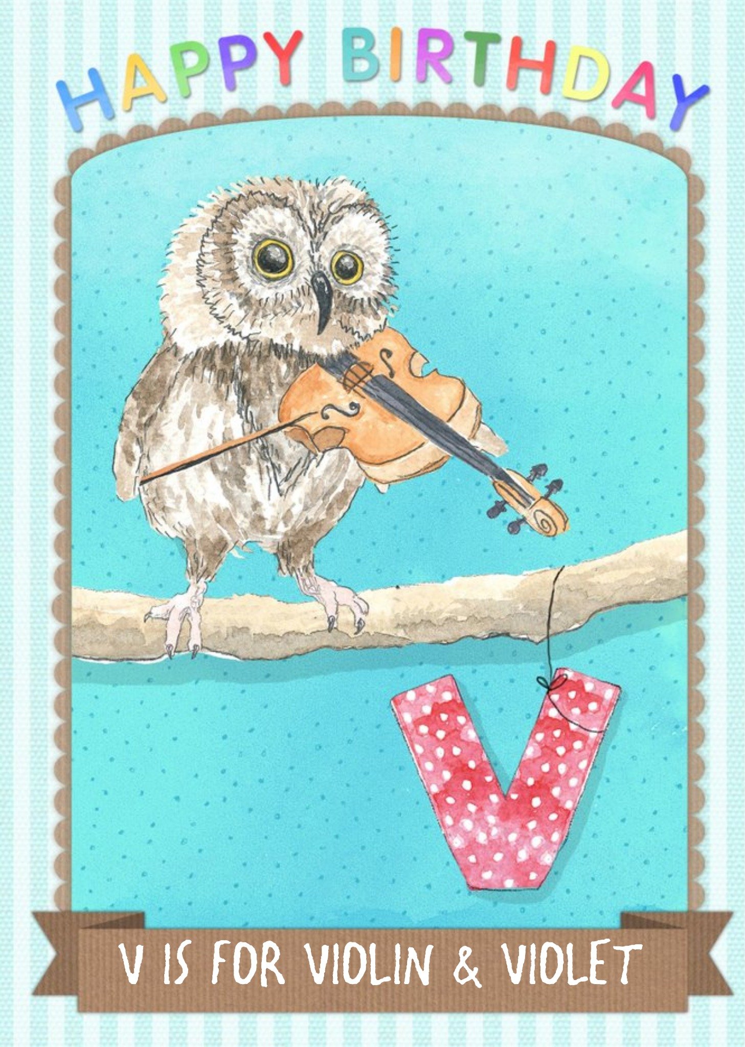 Moonpig Pinstriped V Is For Violin And Personalised Name Happy Birthday Card, Large