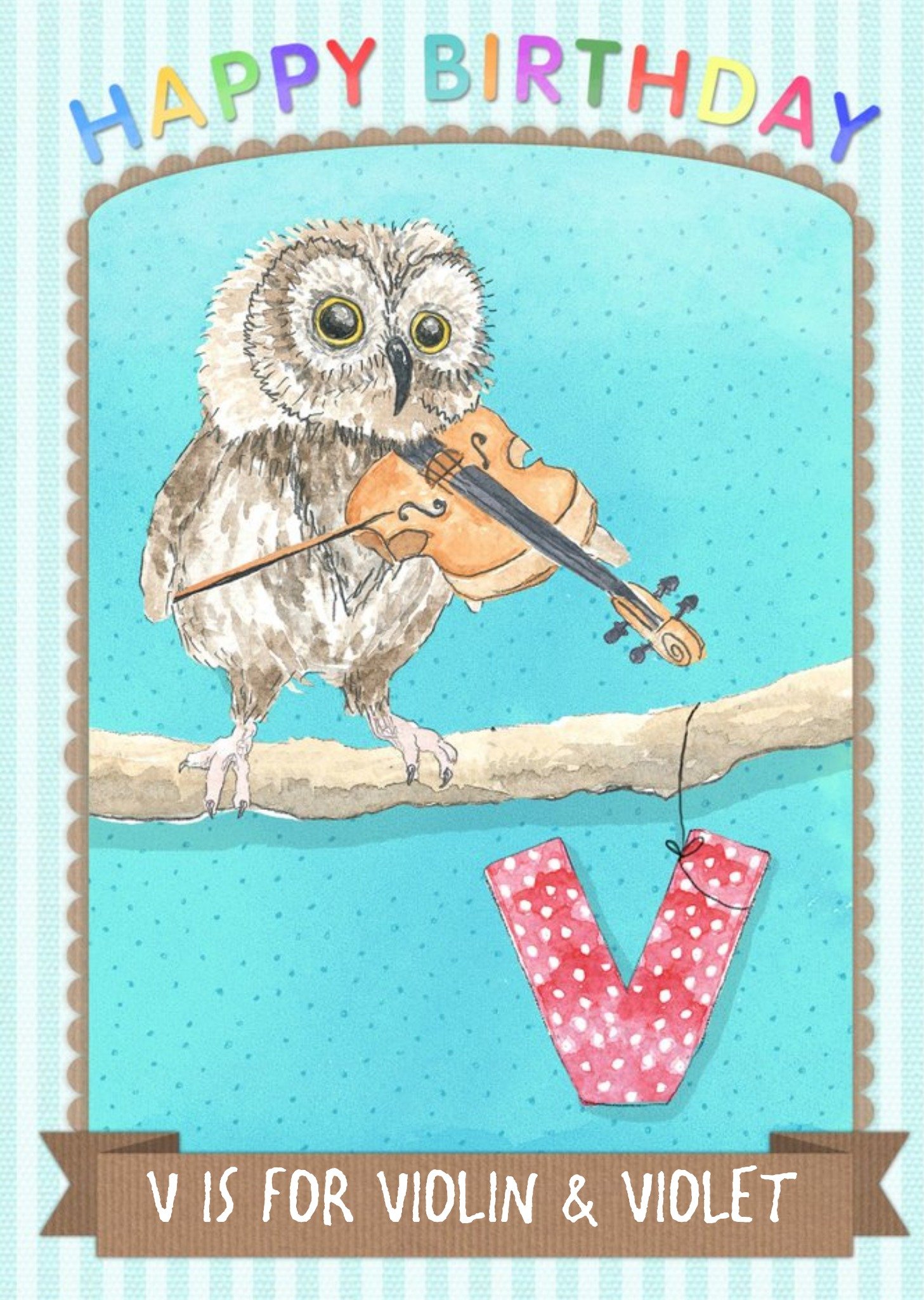 Pinstriped V Is For Violin And Personalised Name Happy Birthday Card Ecard