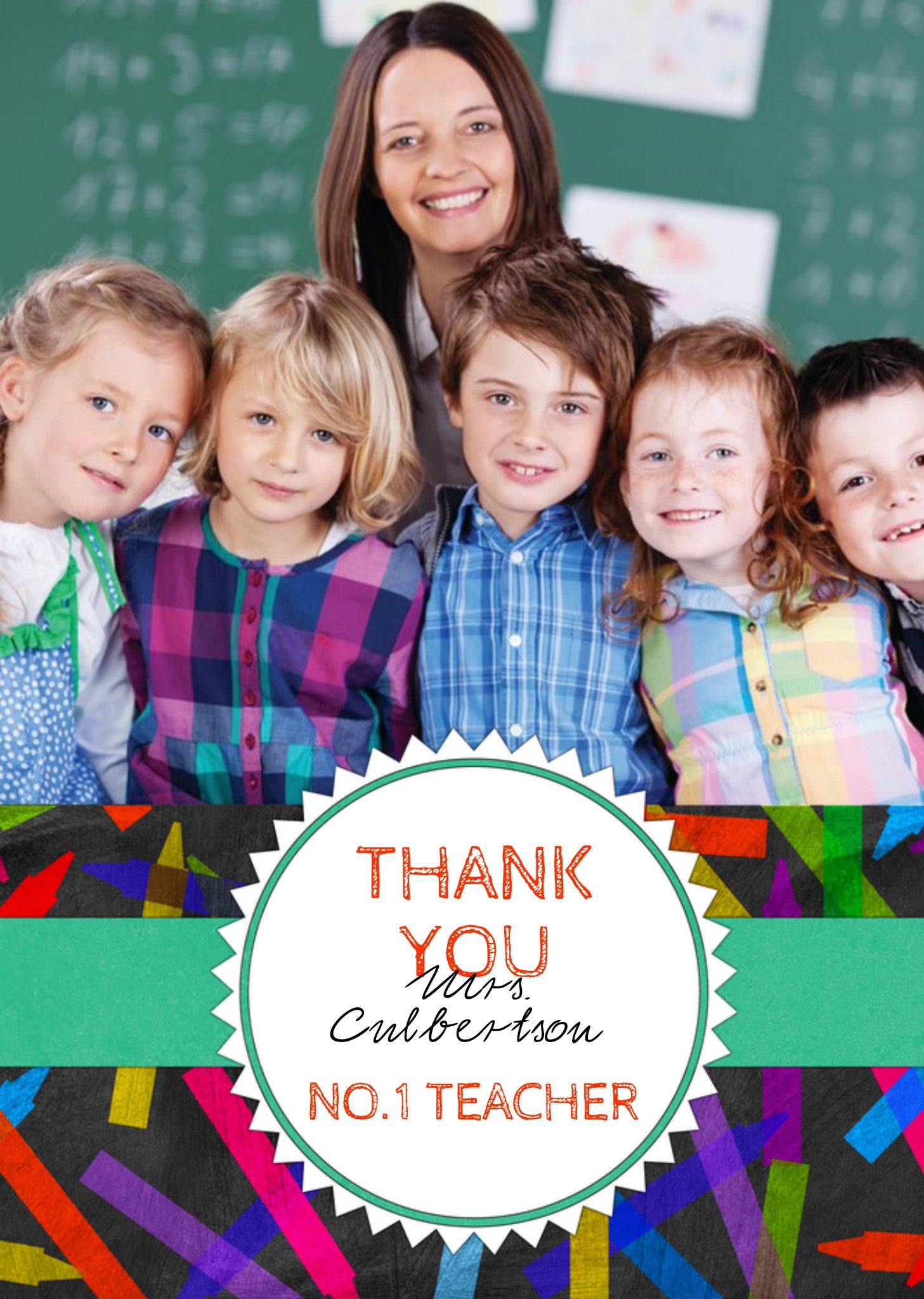 Colourful Crayons No.1 Teacher Personalised Photo Upload Thank You Card Ecard