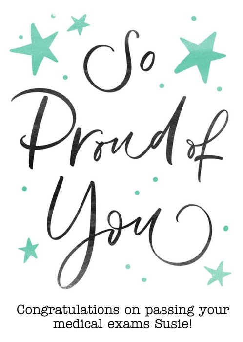 Black Caligraphy Surrounded By Stars On A White Background So Proud Of You Card