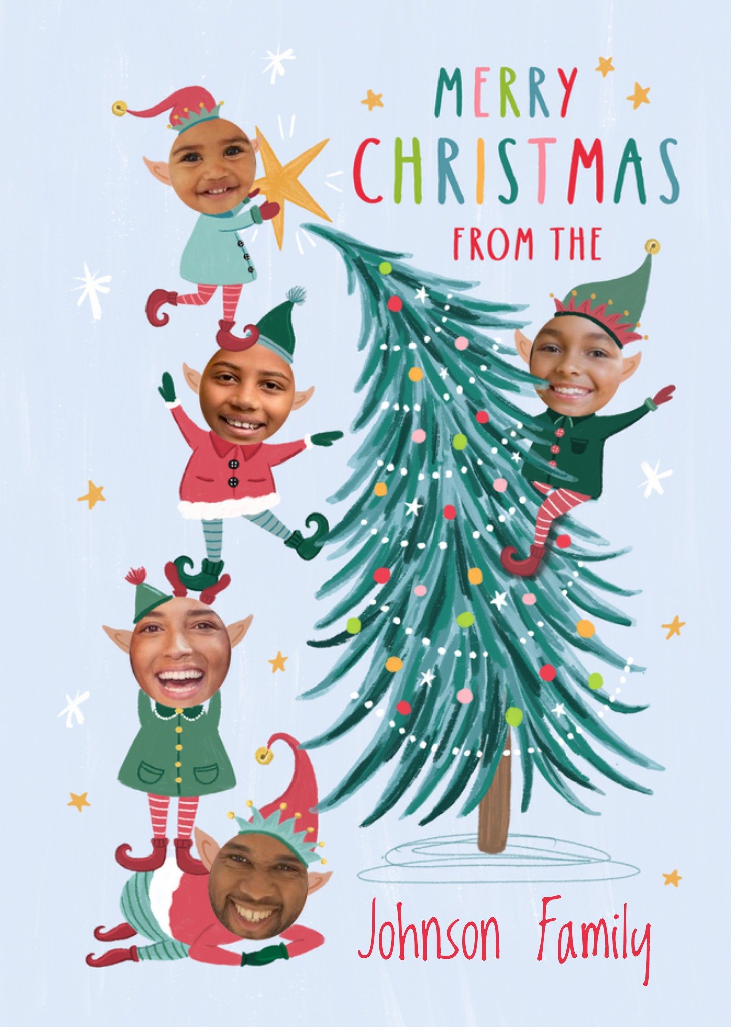 Moonpig 5 Elves Face Photo Upload Christmas Card Ecard