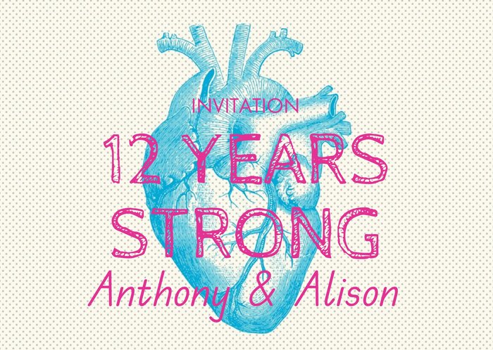 Neon Blue Heart Personalised 12Th Anniversary Party Invitation