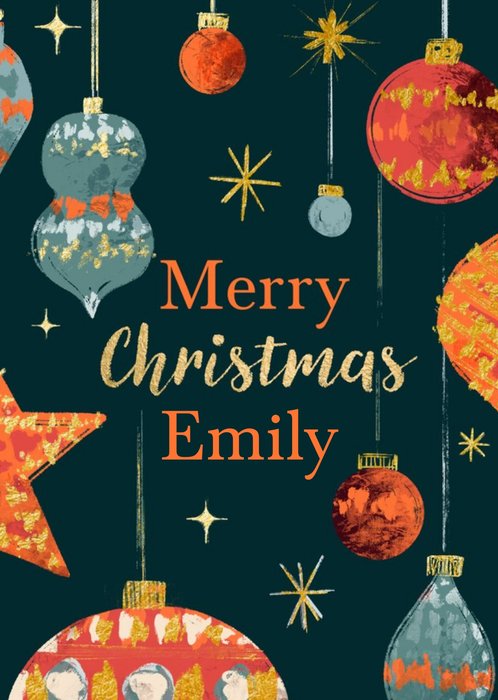Illustration Of Colourful Baubles Surrounding Gold Typography Christmas Card