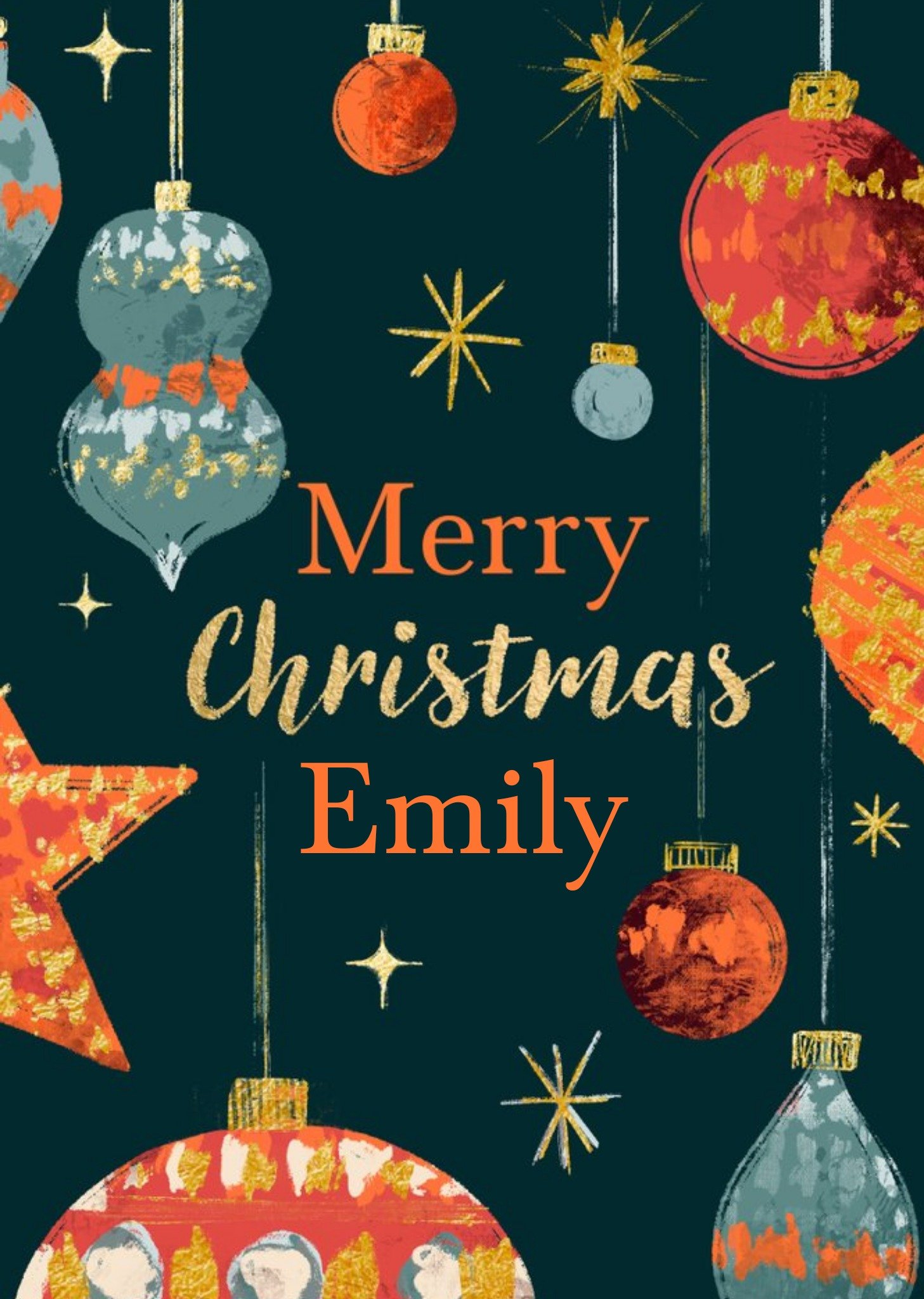 Illustration Of Colourful Baubles Surrounding Gold Typography Christmas Card Ecard