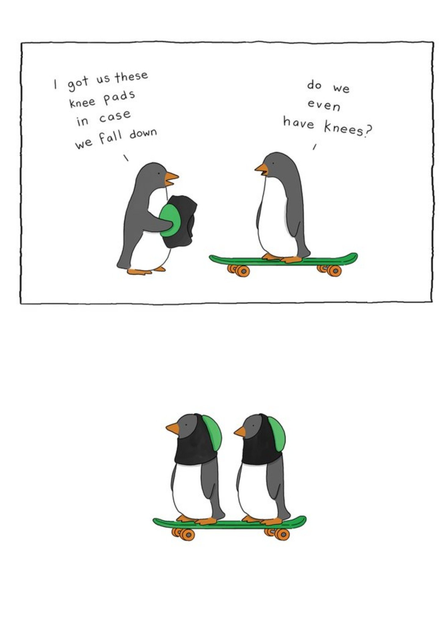 Modern Funny Illustration Skateboarding Penguins Card Ecard