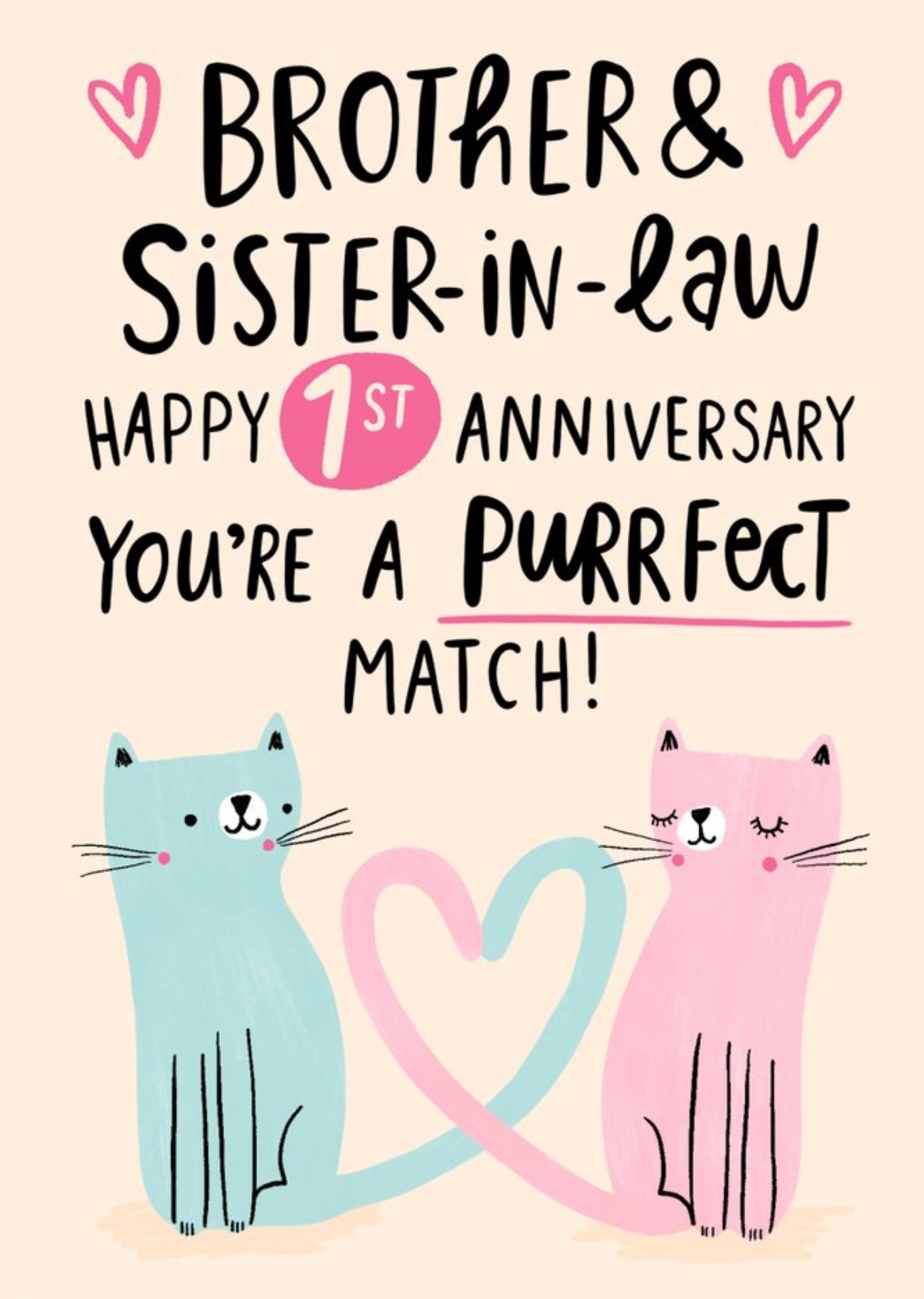 Moonpig Illustration Of Two Cats Brother And Sister In Law First Anniversary Card, Large