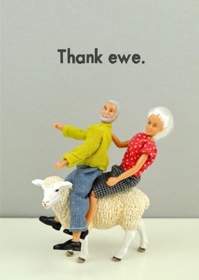 Funny Photograph Of A Female And Male Doll Riding On A Sheep Thank You Card