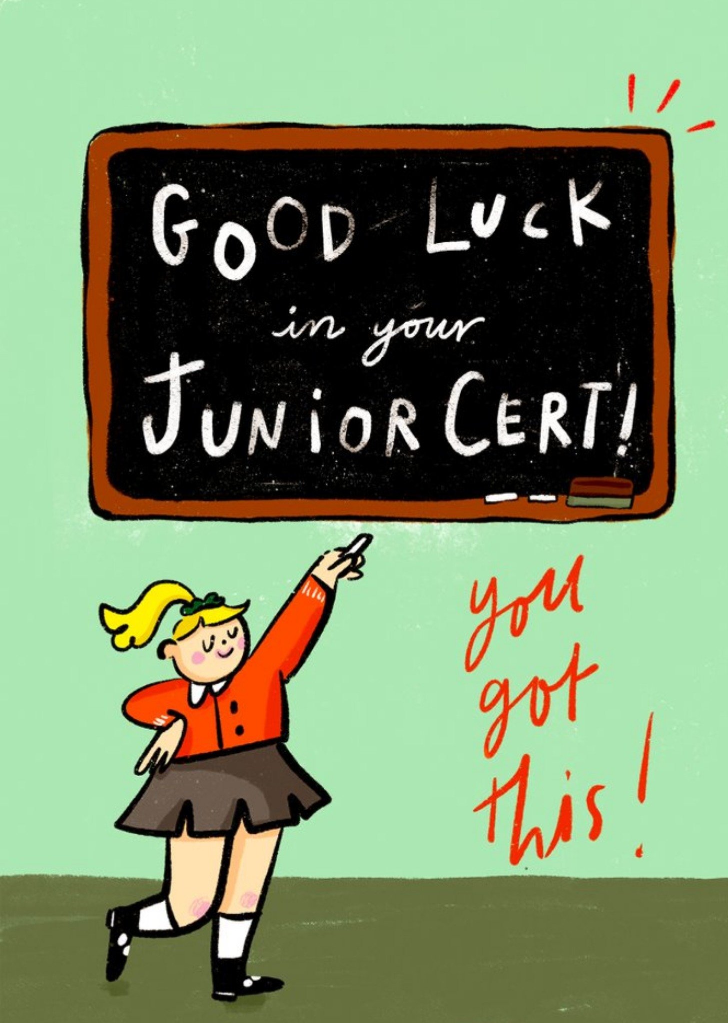 Moonpig Illustration Of A School Girl Writting On A Blackboard Good Luck In Your Junior Cert Card , 