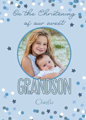 Colourful Confetti Surrounds Circular Photo Upload Grandson Christening Card