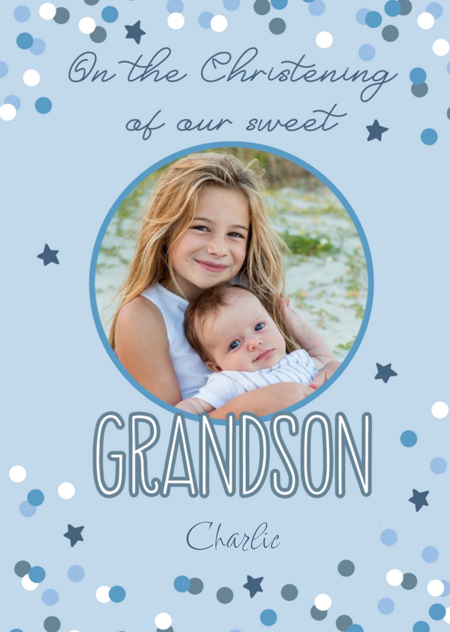 Colourful Confetti Surrounds Circular Photo Upload Grandson Christening Card Ecard