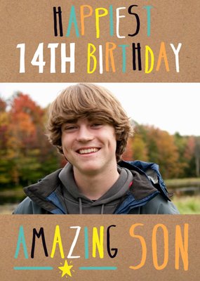 Colourful Typography On Textured Brown Paper Son's Photo Upload Birthday Card