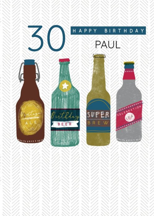 Illustrated Beer Bottles 30th Birthday Card