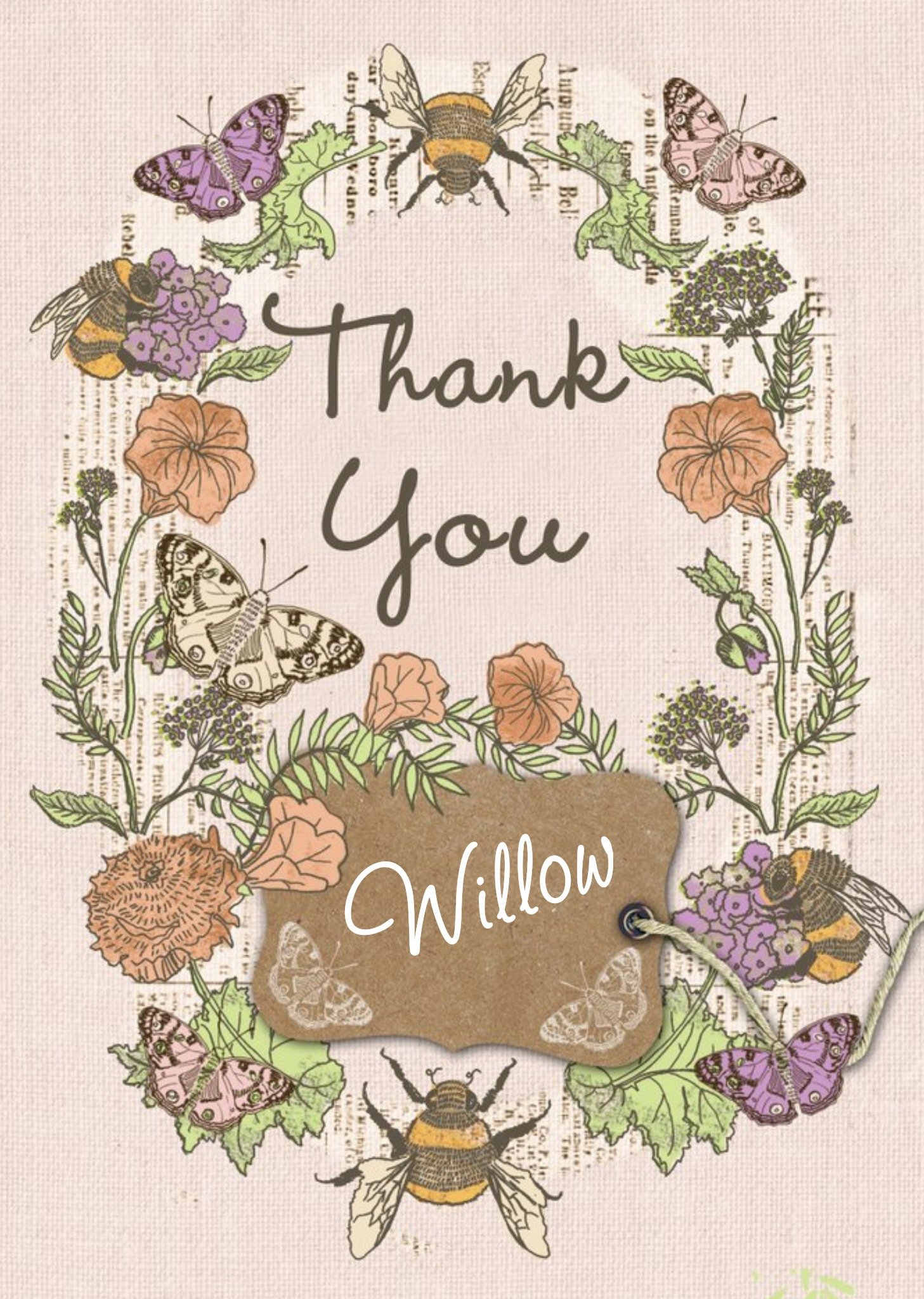 Garden Flowers And Butterflies Personalised Thank You Card Ecard