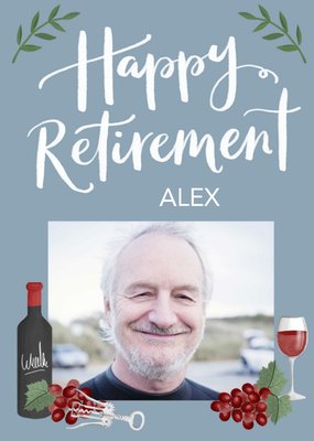 Illustration Red Wine And Grapes Happy Retirement Photo Upload Card