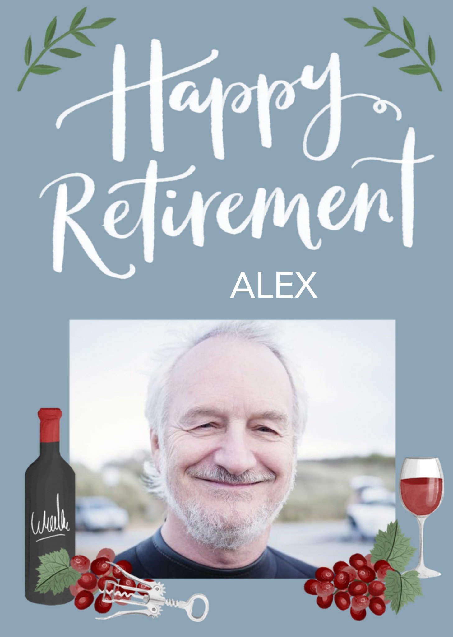 Okey Dokey Design Illustration Red Wine And Grapes Happy Retirement Photo Upload Card, Large