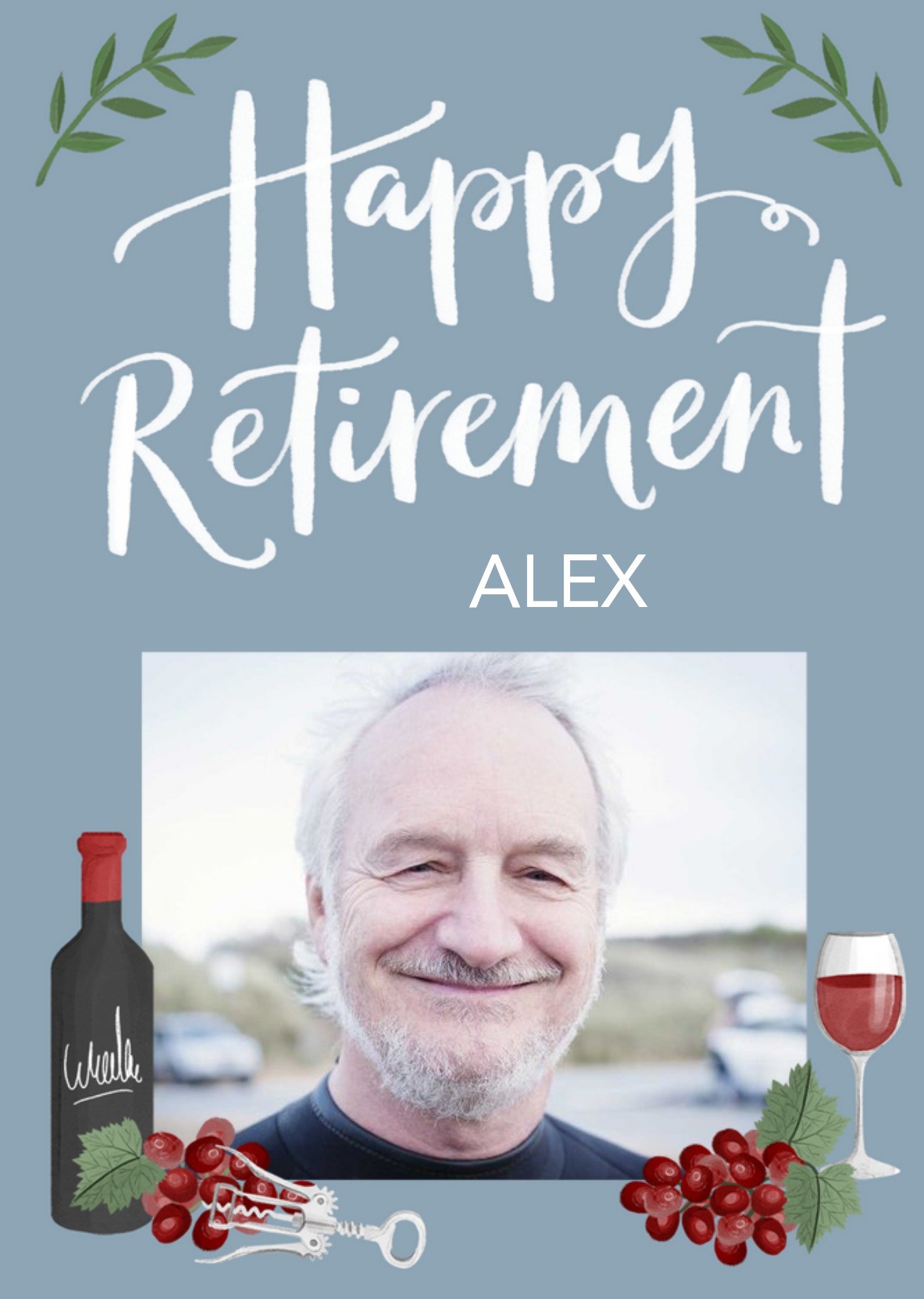 Okey Dokey Design Illustration Red Wine And Grapes Happy Retirement Photo Upload Card Ecard