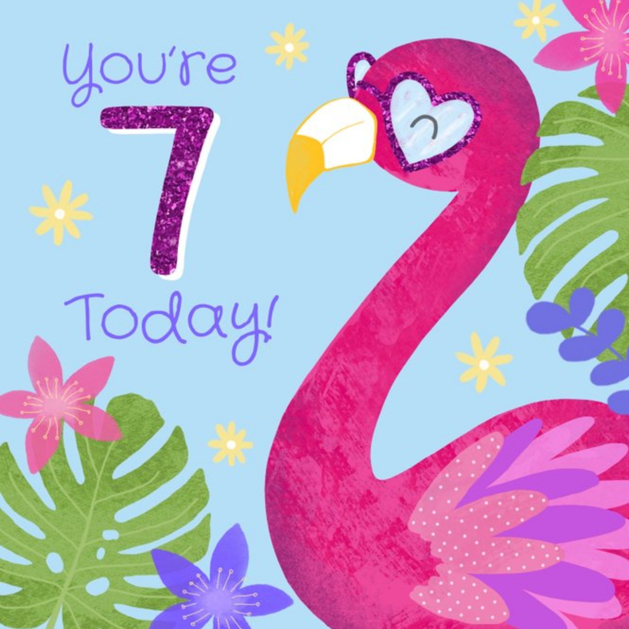 Moonpig Illustrated Flamingo 7th Birthday Card, Square