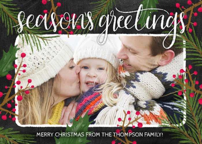 Holly Bush Season's Greetings Family Photo Upload Christmas Card