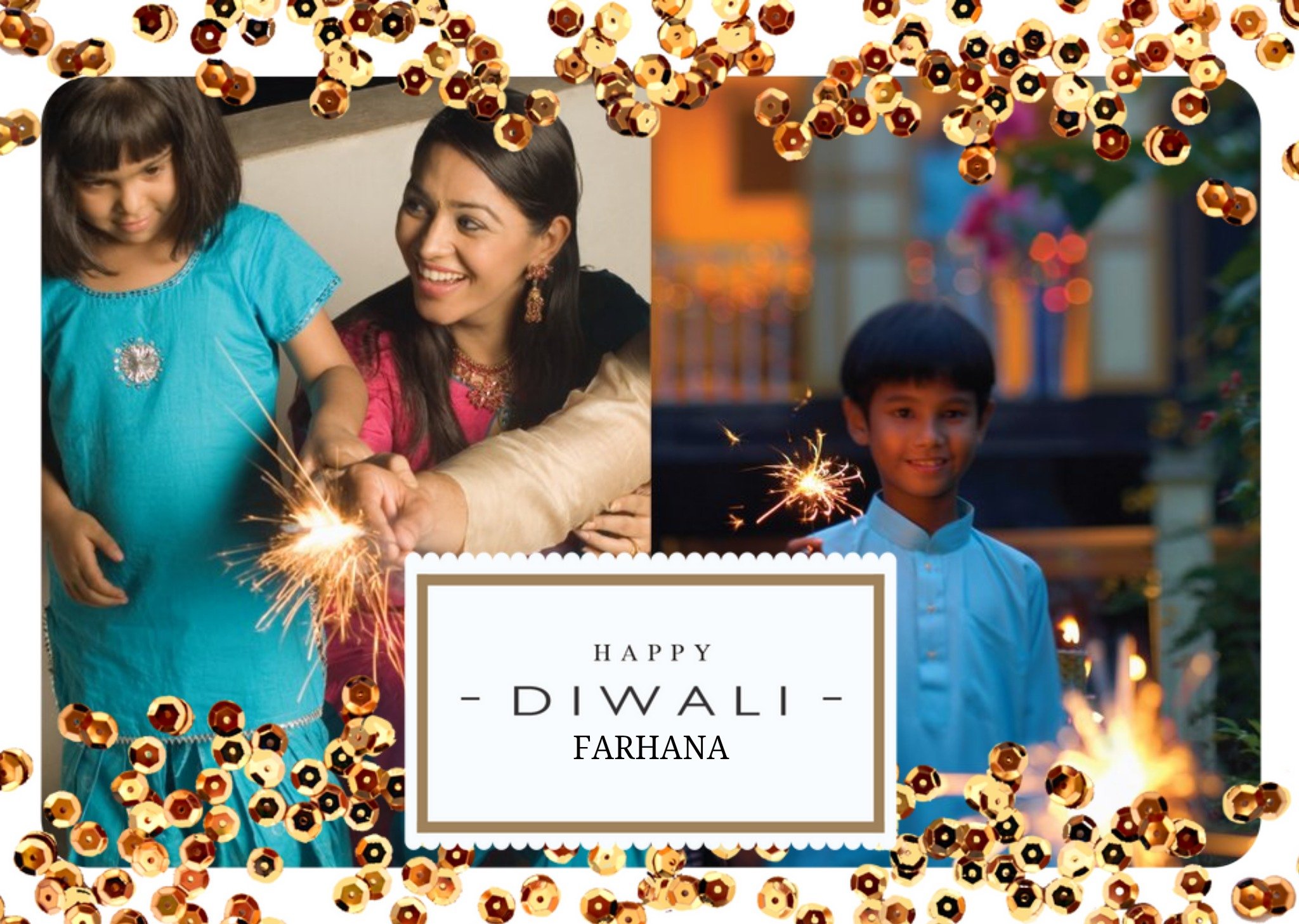 Sparkle Double Photo Upload Personalised Happy Diwali Card