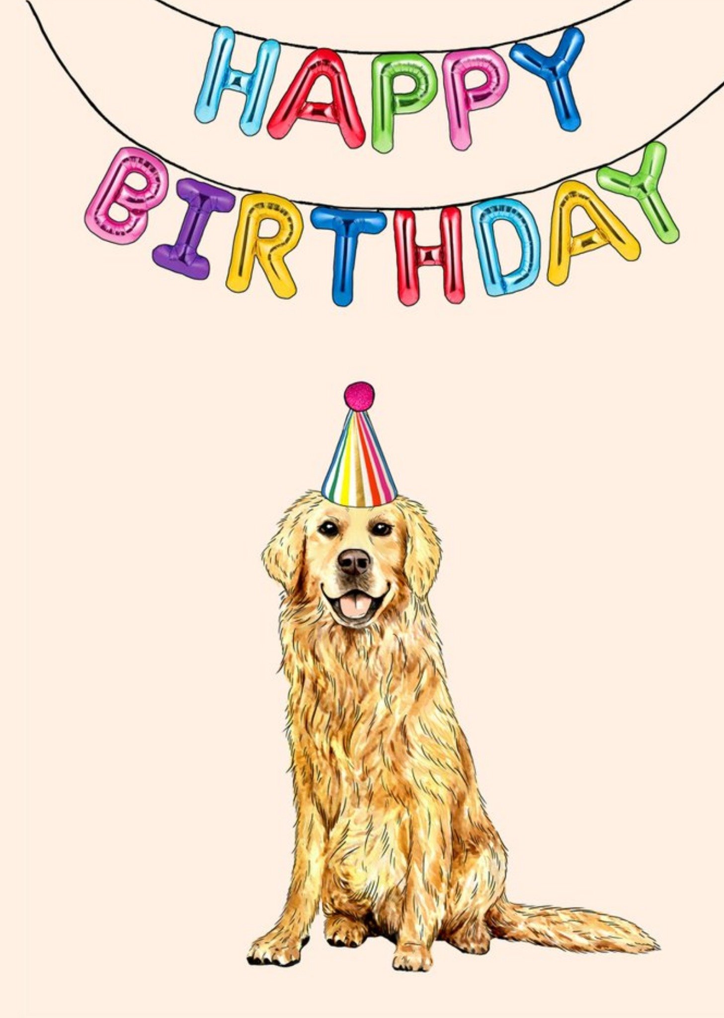 Moonpig Poppy And Mabel Golden Retriever Wearing A Party Hat Happy Birthday Card, Large