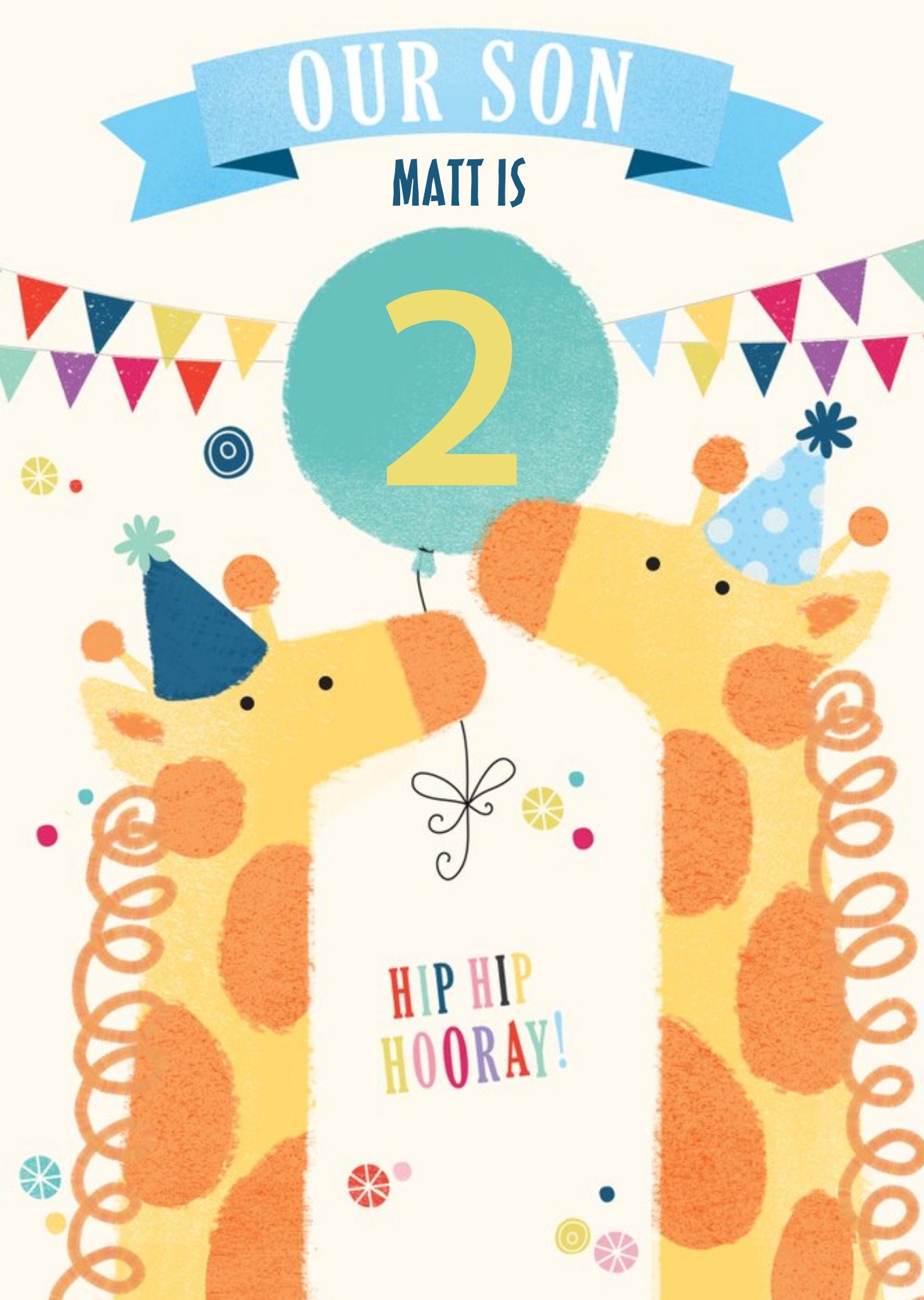 Moonpig Illustration Of Giraffes In Party Hats With A Balloon And Buntings Son's Birthday Card, Larg