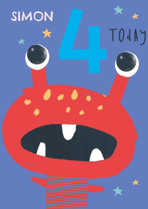 Cute Simple Illustration Of A Little Red Alien Happy 4th Birthday Card