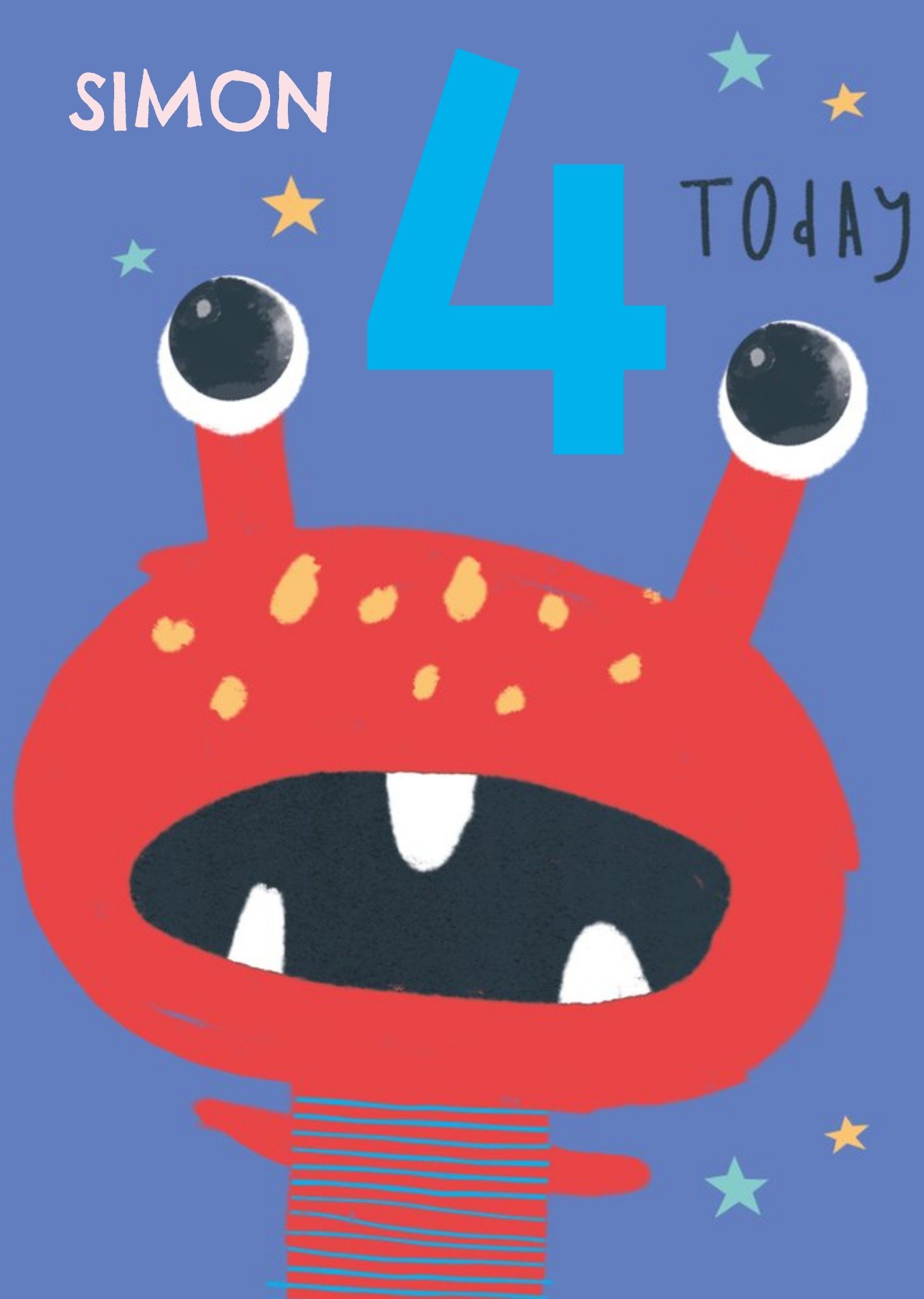 Moonpig Cute Simple Illustration Of A Little Red Alien Happy 4th Birthday Card, Large