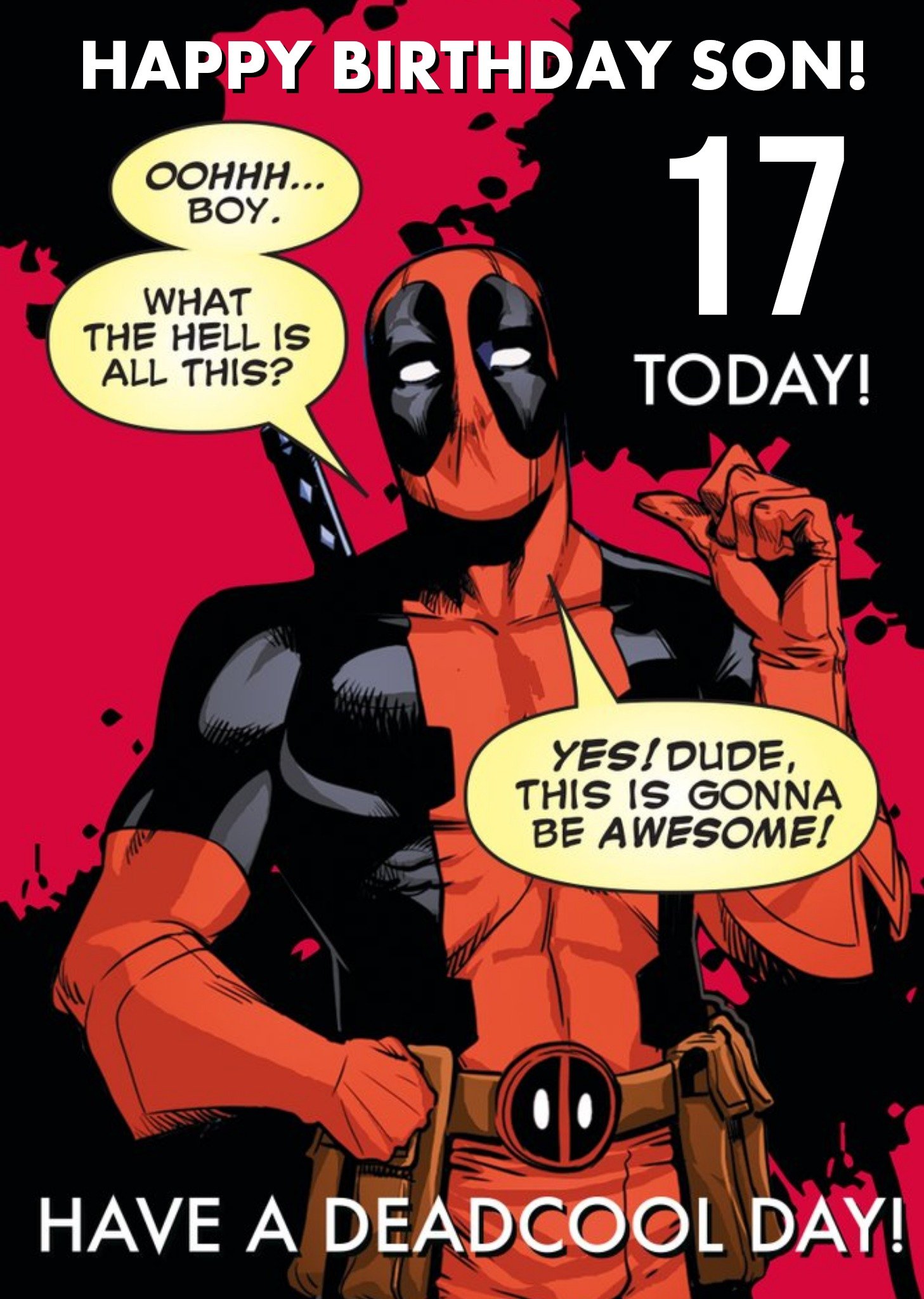 Marvel Funny Deadpool 17th Birthday Card For Your Son, Large