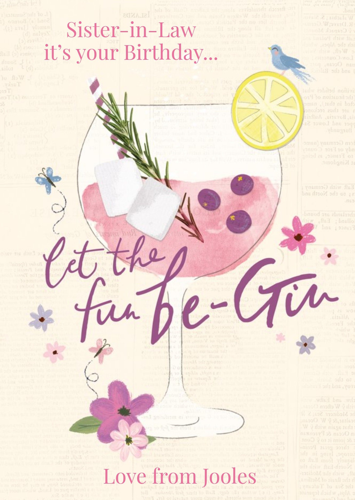 Moonpig Illustration Of A Glass Of Blueberry Rosemary Gin Sister-In-Law Birthday Card, Large
