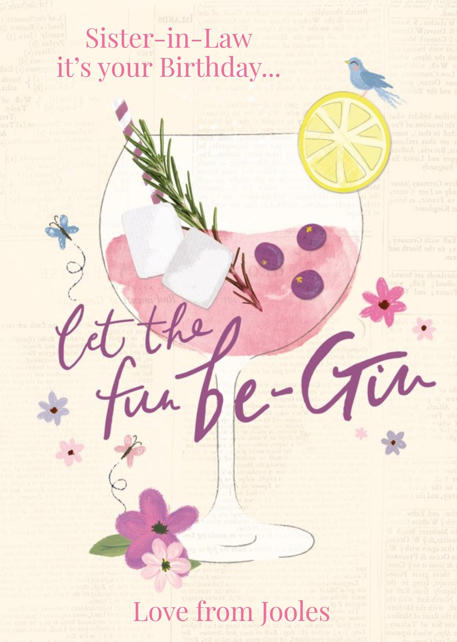 Illustration Of A Glass Of Blueberry Rosemary Gin Sister-In-Law Birthday Card Ecard