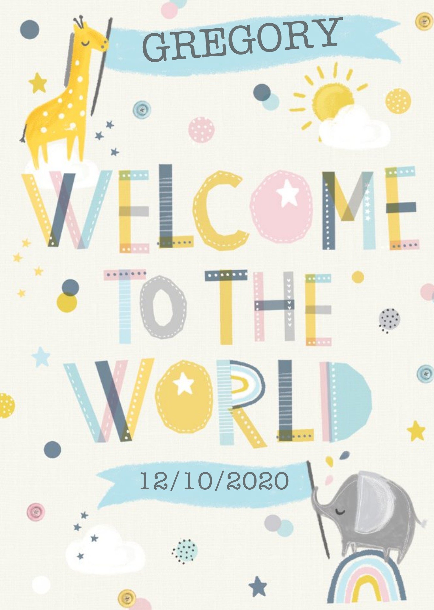 Clintons Colourful Illustrated Animals Customisable Welcome To The World Card