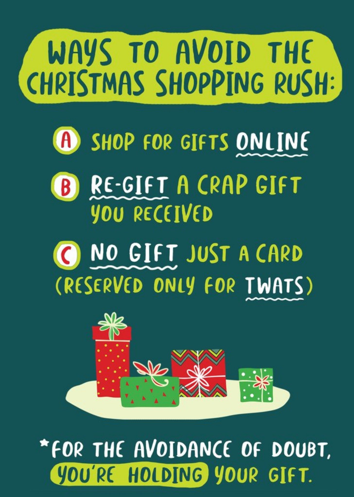 Moonpig Ways To Avoid The Christmas Shopping Rush Rude Funny Christmas Card, Large
