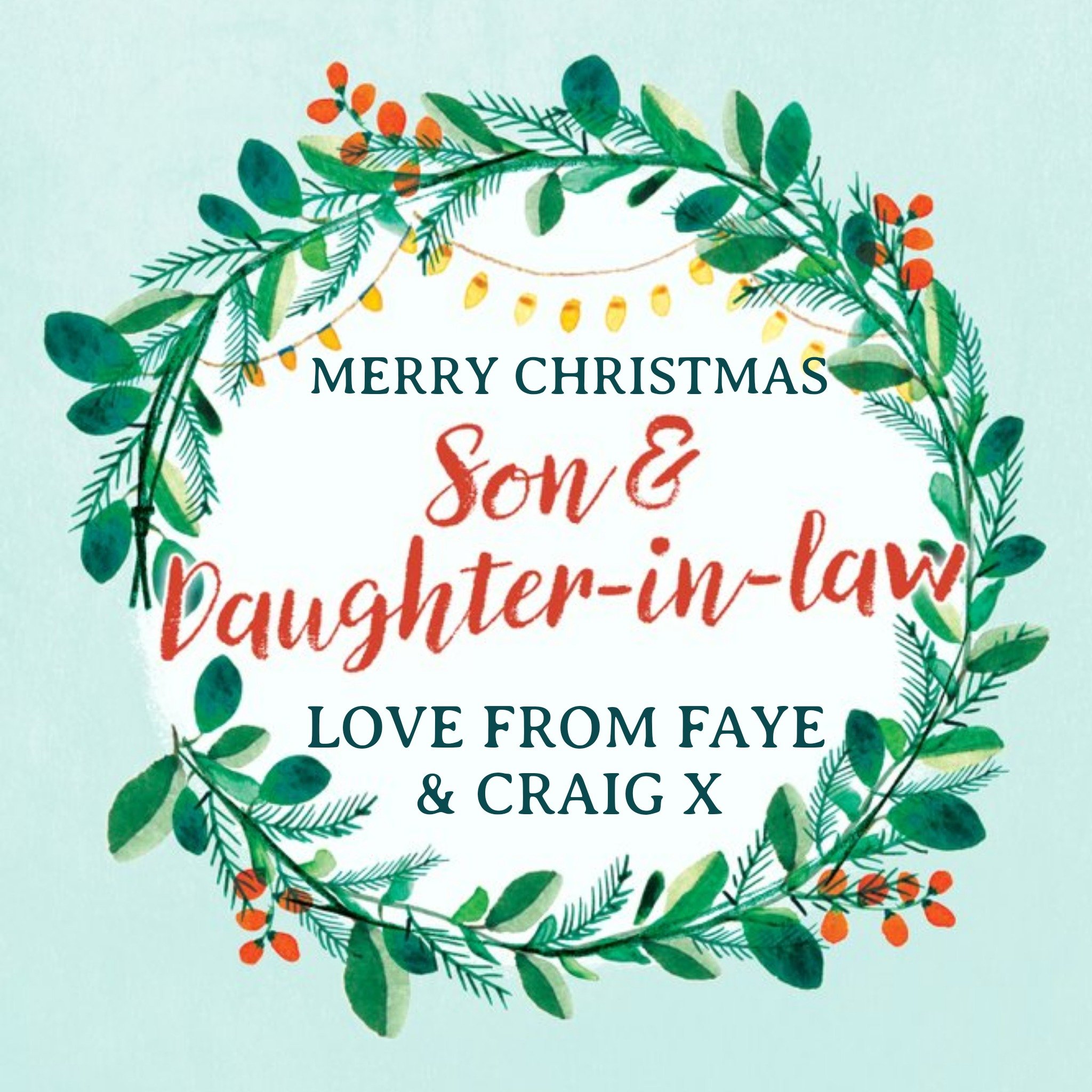 Merry Christmas Son And Daughter In Law Wreath Christmas Card, Square