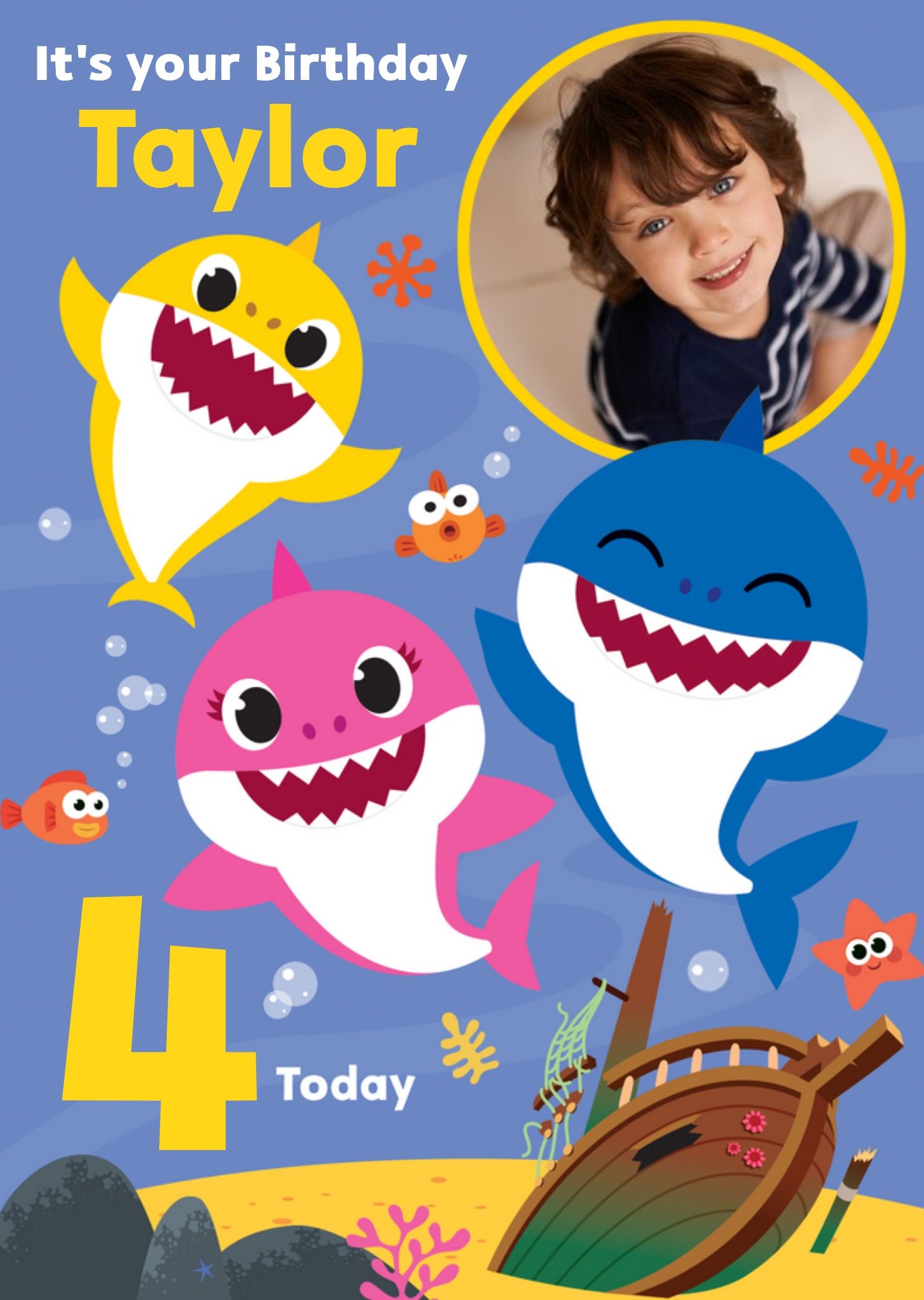 Baby Shark Song Kids 4 Today Photo Upload Birthday Card, Large