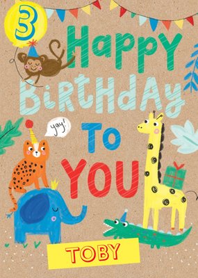 Childlike Illustrations Of Various Animals Surrounding Colourful Typography Third Birthday Card