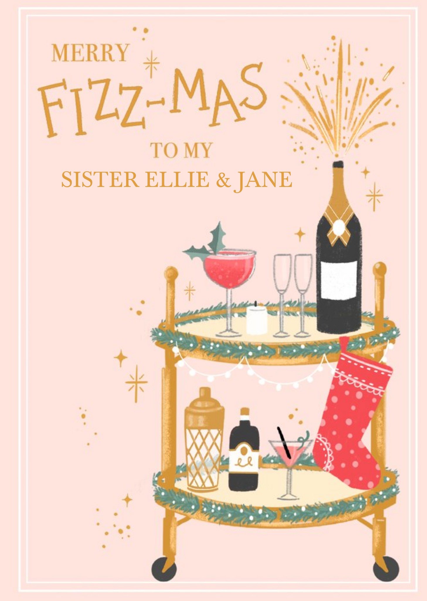 Illustration Of A Decorated Brass Drinks Trolley Merry Fizz Mas Card Ecard