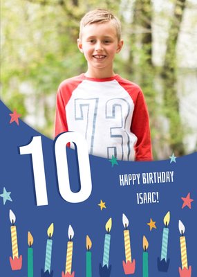 Modern Illustrated Candles 10th Birthday Photo upload Card