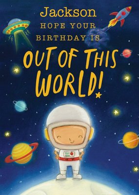 Illustration Of An Astronaut In Space Out Of This World! Birthday Card
