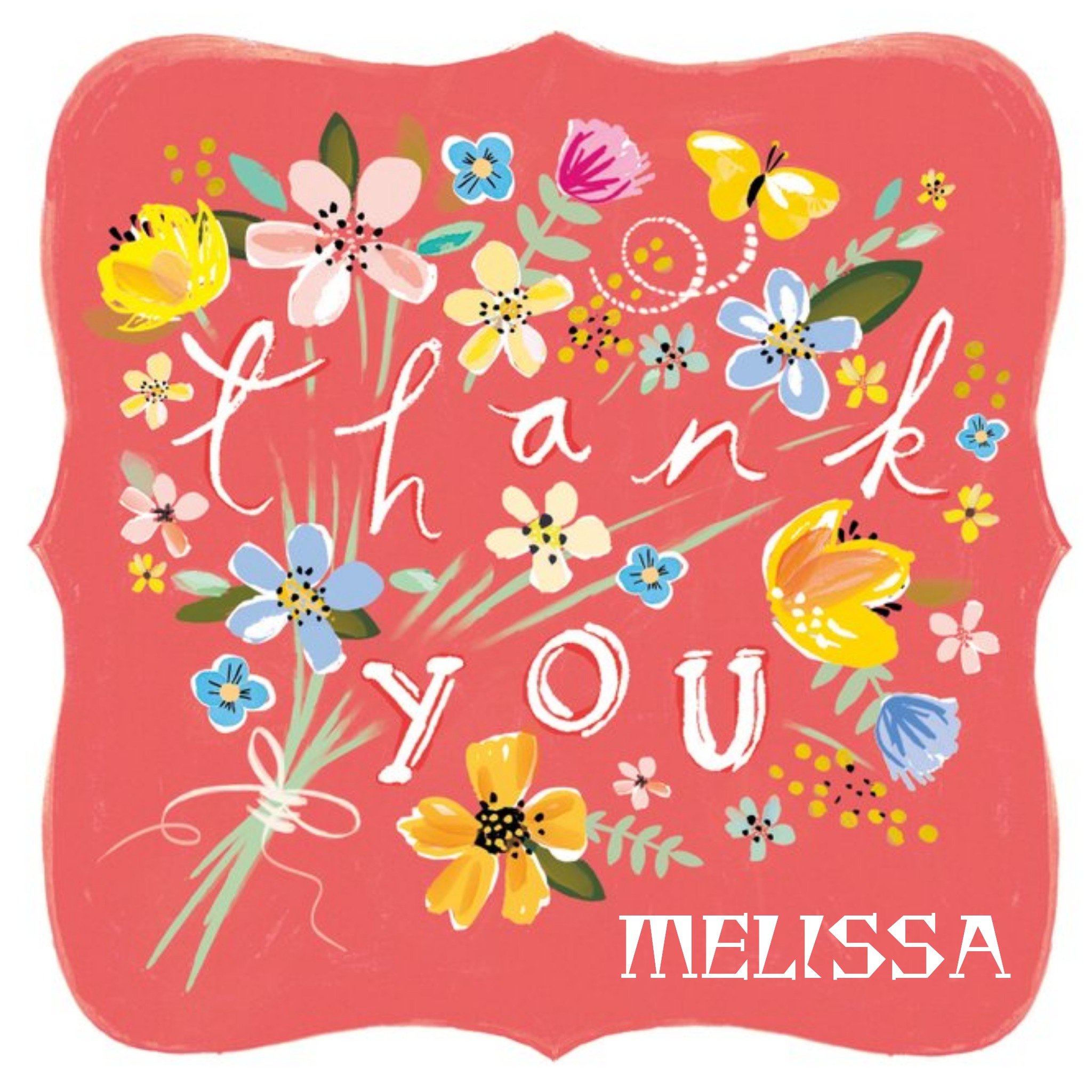 A Bunch Of Flowers And Butterflies Personalised Thank You Card, Square